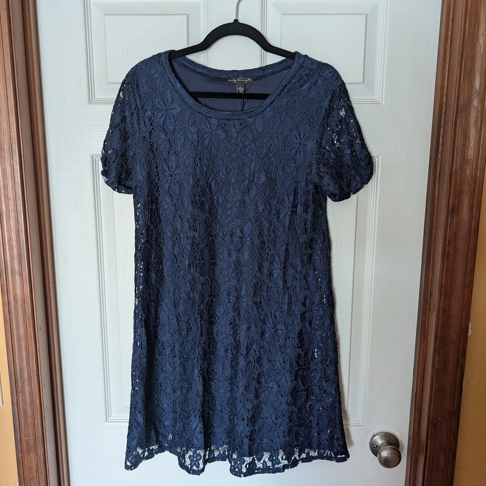 Lace Overlay Short Sleeve Dress Top - Navy